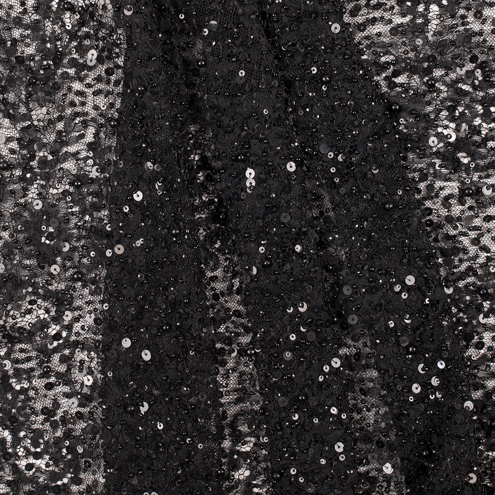 Beaded and Sequined Lace with Scallop Edge - Black Floral - Joann Fabrics
