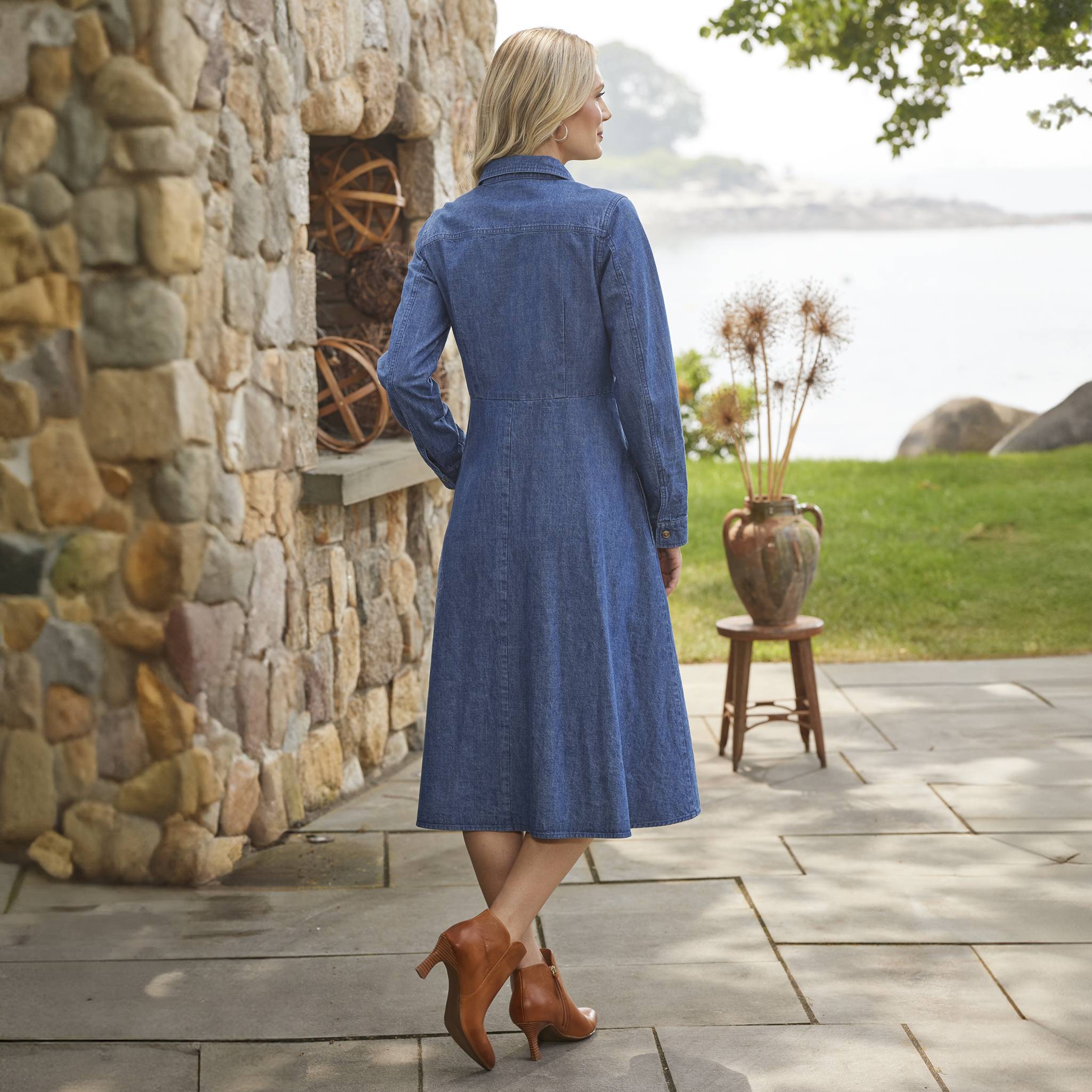Cotton Denim Shirtdress, Full Button Front, Chest & Side Pockets - Northstyle Catalog