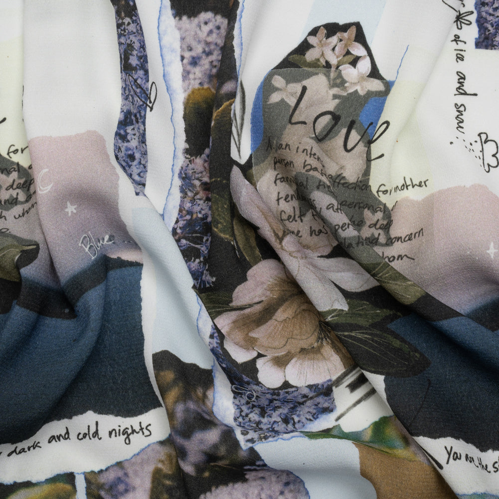 Sustainable Viscose Crepe Print - Beige and Dusty Blue Scrapbook Patchwork - Mood Exclusive Poetics of Love - Joann Fabrics