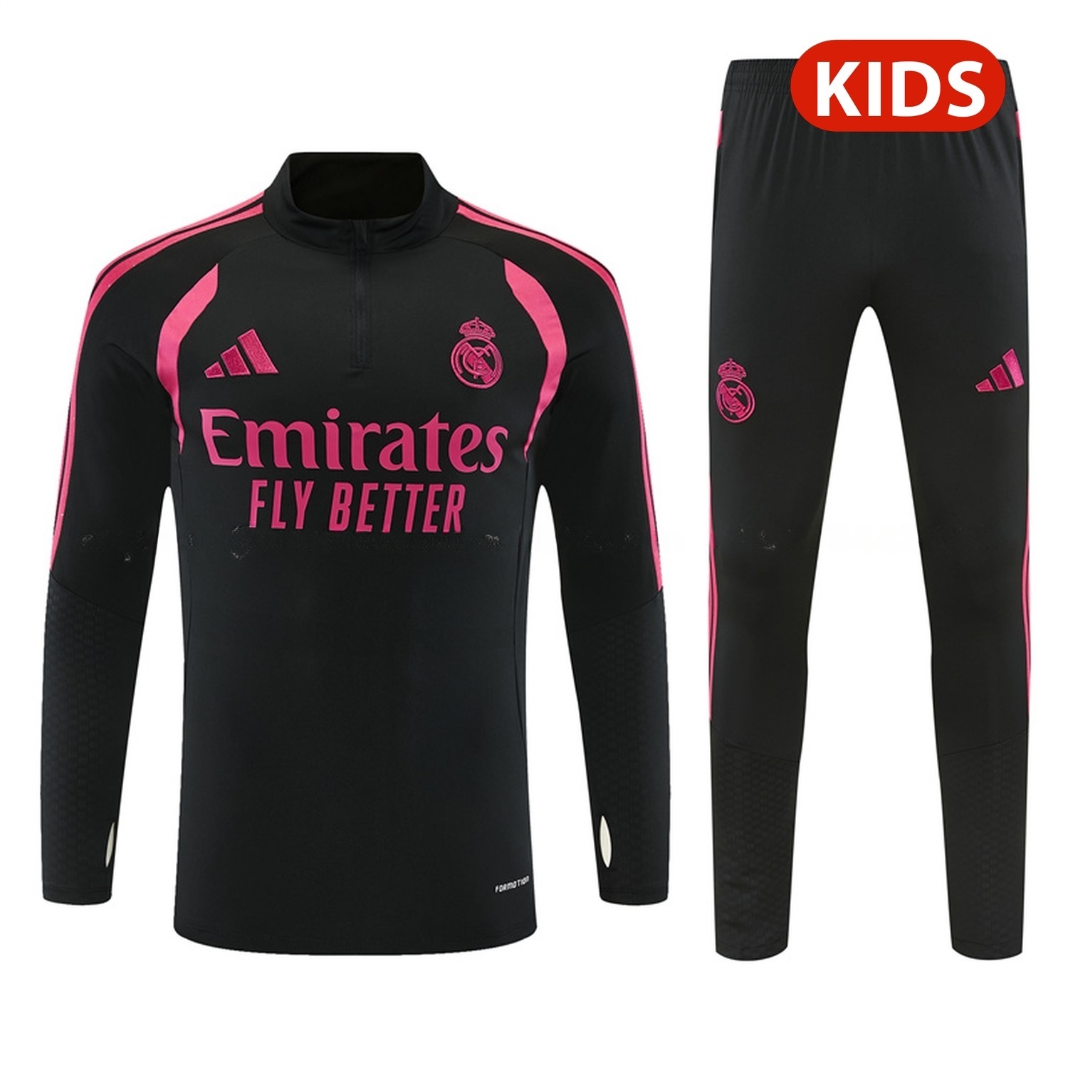 Real Madrid 26-27 With Rose Red Kids Long Sleeve Training Set - Black Top & Black Pants - UnitedFutballJersey