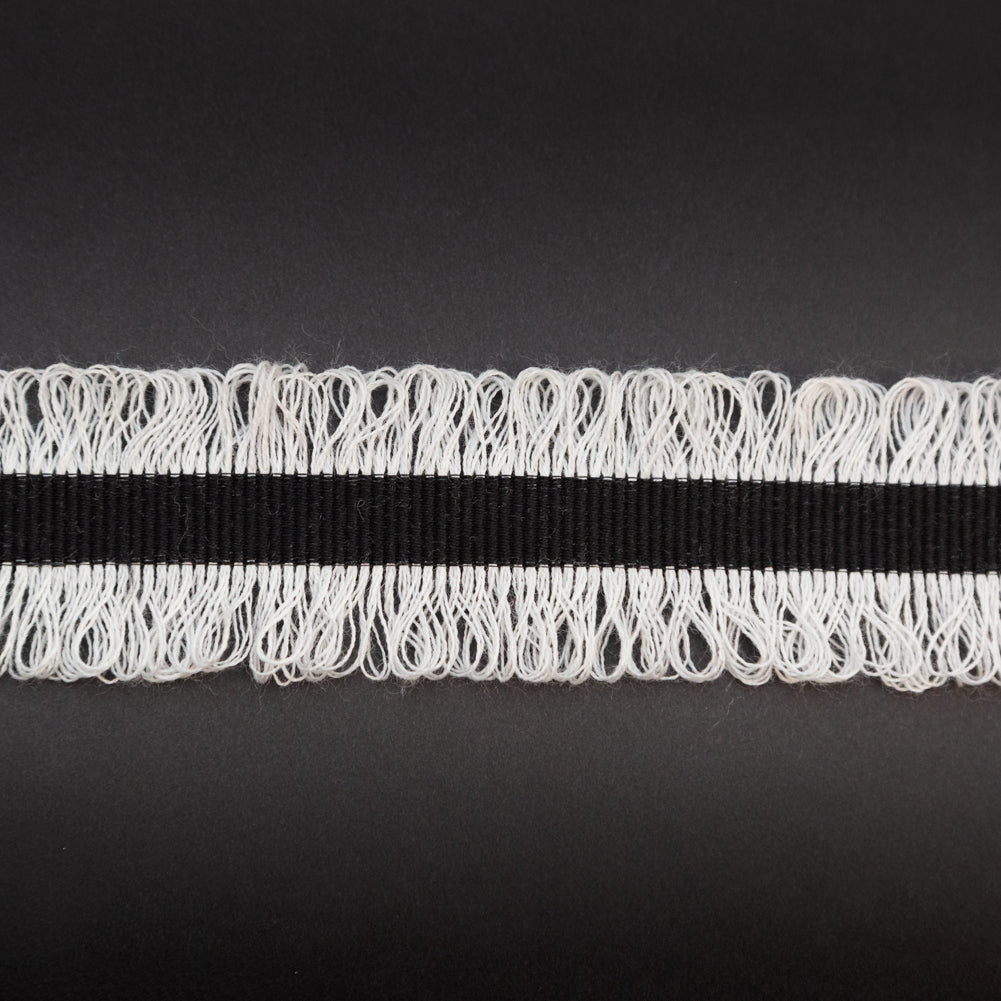 Italian Black and Light Gray Wool Grosgrain Trim with Loop Fringe Edges - 1.5