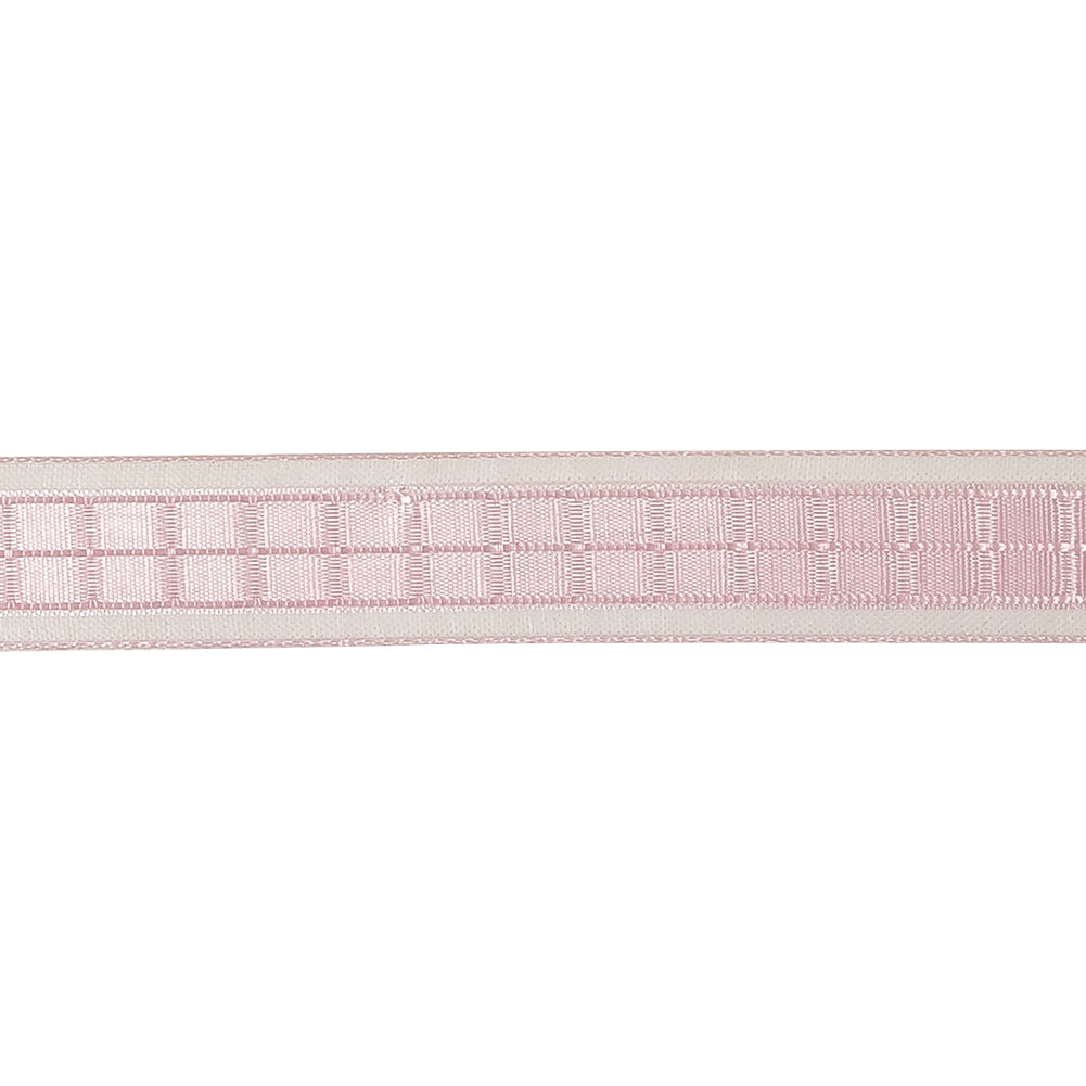 Pale Pink Windowpane Checks and Sheer Borders Woven Ribbon - 0.625