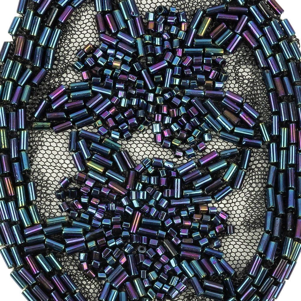 Vintage Blue Iris Floral Bugle Beaded Applique on Black Mesh - 3