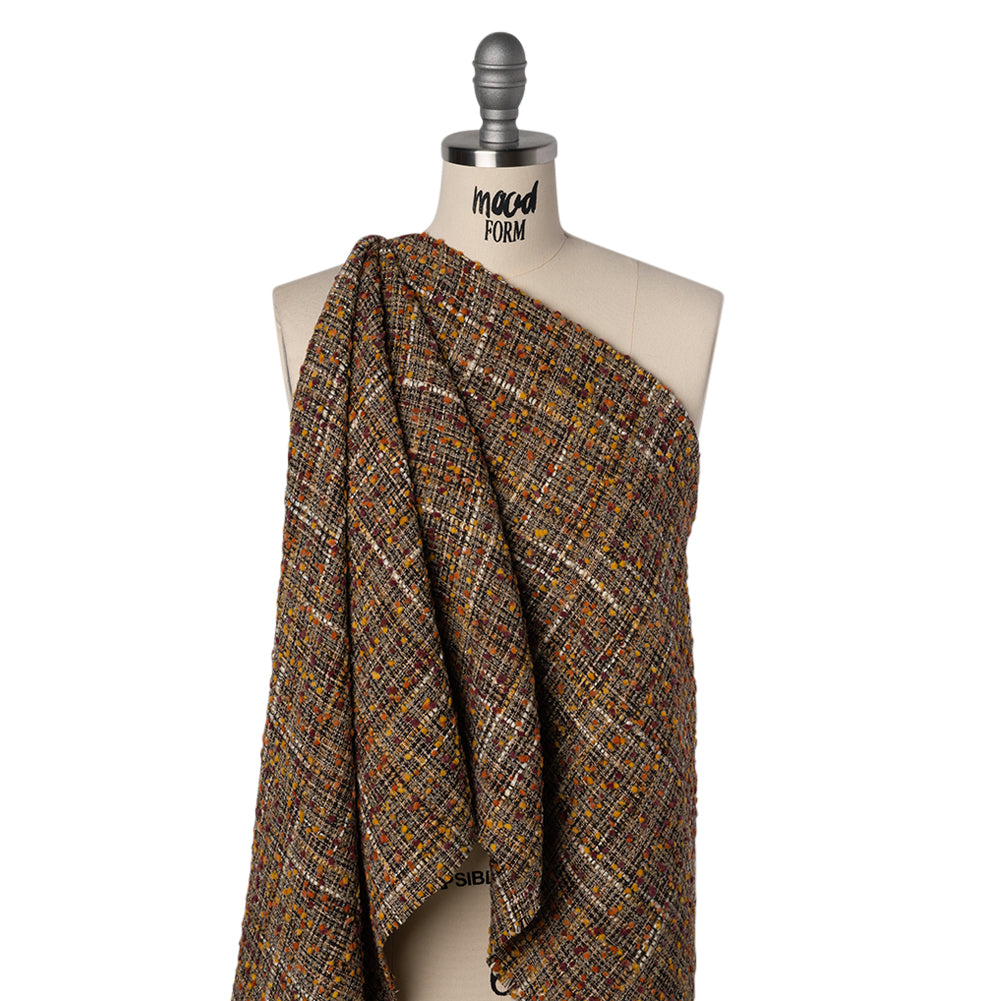 Polyester Tweed with Mini Pom Poms - Dark Brown, Yellow Ochre and Burgundy Tweed - Joann Fabrics