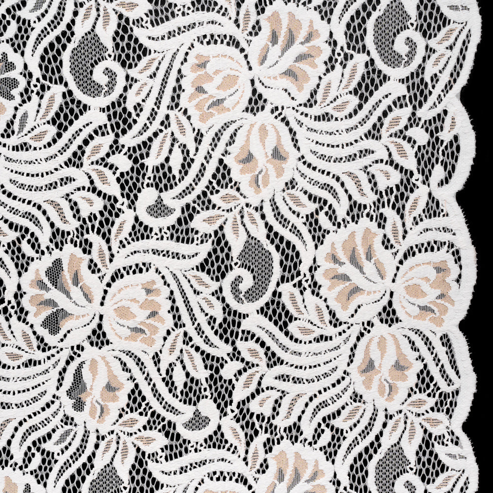 Re-Embroidered Stretch Lace with Finished Edges - Ivory and Appleblossom Beige Blossom Trios and Leaves - Tatiana Collection - Joann Fabrics