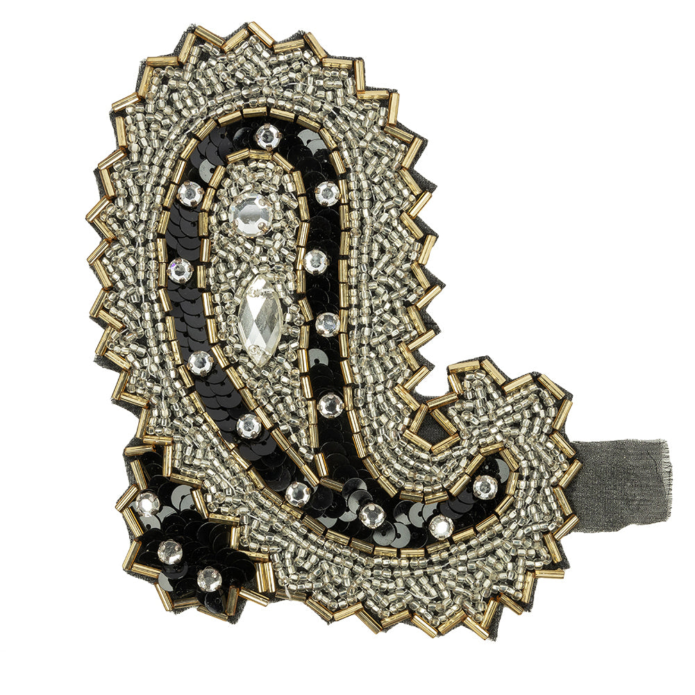 Vintage Black, Silver and Gold Left Paisley Beaded, Sequined and Rhinestone Applique - 5.25