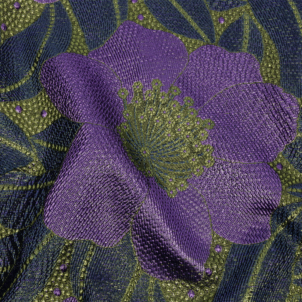 Metallic Navy, Lime and Lavender Tropical Flowers Luxury Brocade - Joann Fabrics