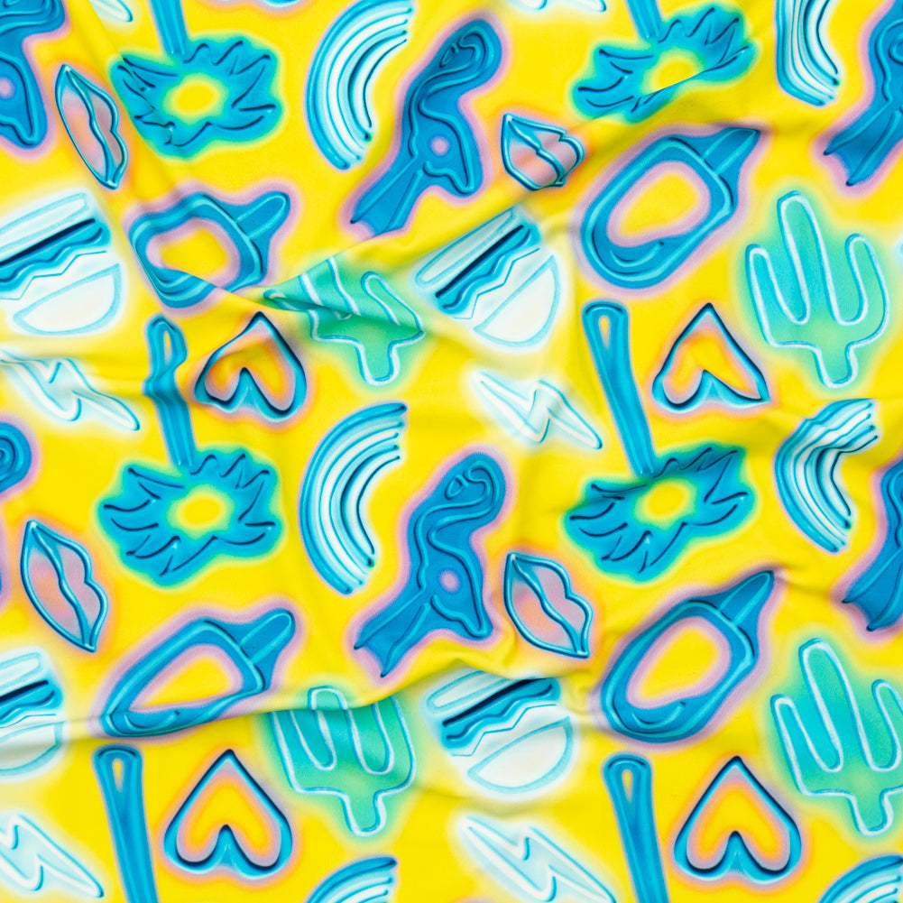 Compression Swimwear Tricot, UV Protective with Aloe Vera Microcapsules - Blue and Yellow Emojis - Caye Collection - Joann Fabrics