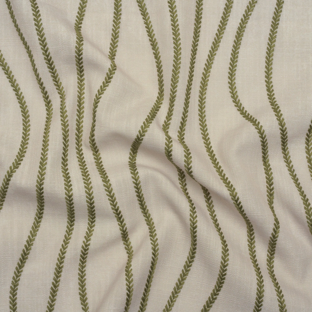 Embroidered Linen-Look Polyester Drapery Woven - Moss Leafy Wavy Lines and Watercolor Texture - British Imported - Joann Fabrics