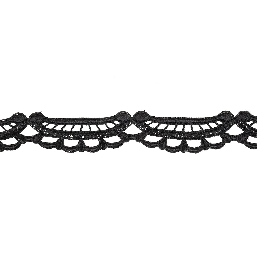 Black Glitter Scalloped Guipure Lace Trim - 1.375