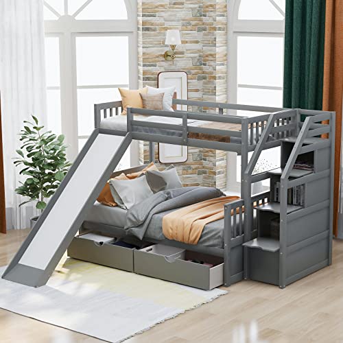 Twin Over Full Bunk Bed with 2 Drawers and Slide, Storage Staircase ...