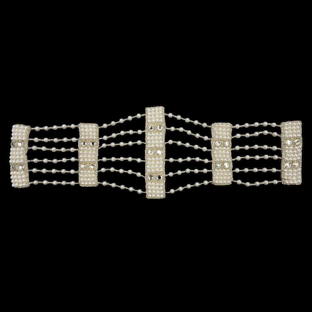 Vintage Silver, Faux Pearl and Crystal Beaded and Rhinestone Rectangles and Chains Applique - 4.5
