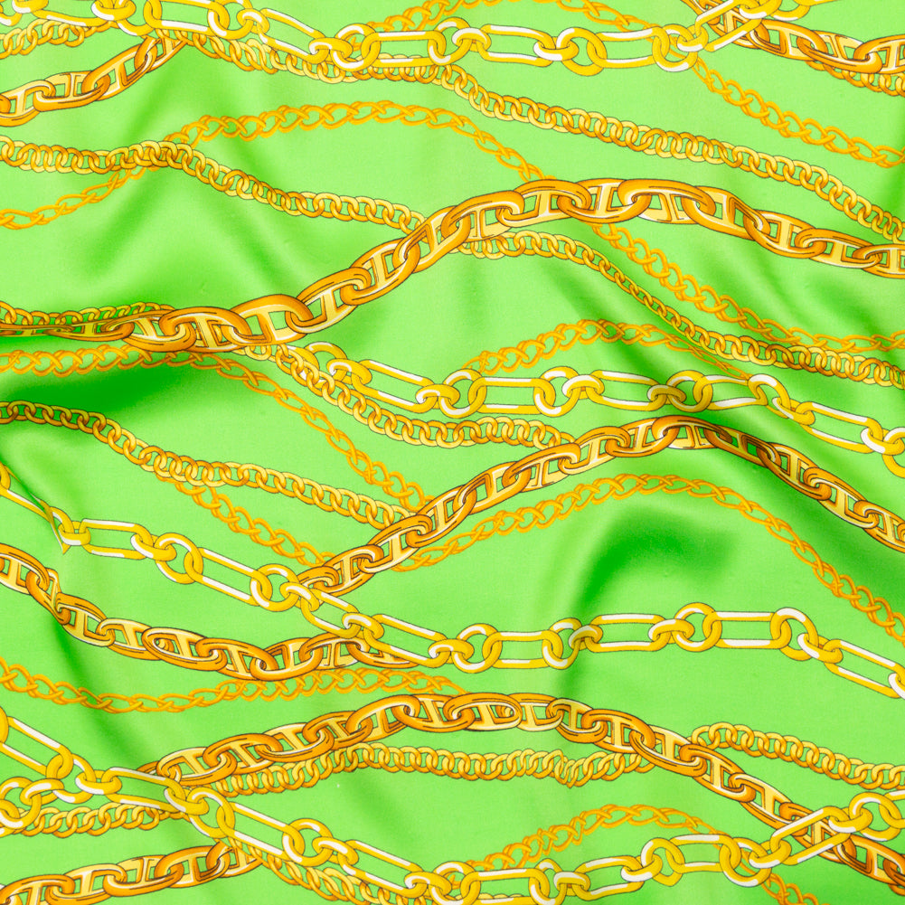 Mood Exclusive Italian Kelly Green and Gold Chains Digitally Printed Silk Charmeuse - Joann Fabrics