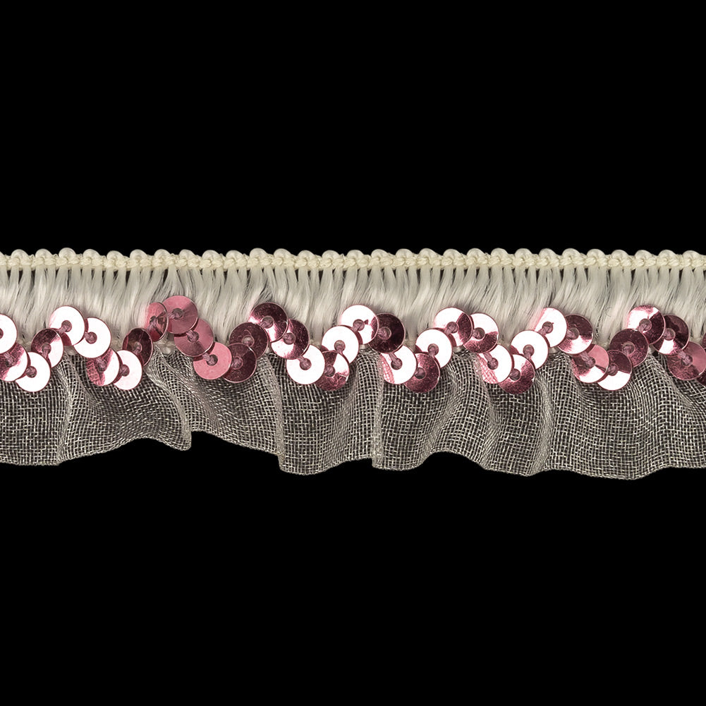White Ruffled Organza Stretch Trim with Pink Sequins - 0.875