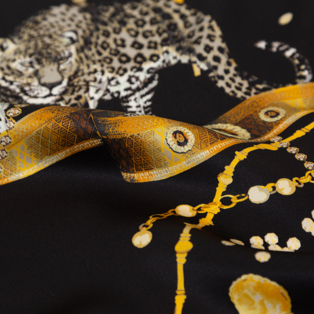 Mood Exclusive Italian Black and Gold Cheetahs and Gems Silk Charmeuse - Joann Fabrics