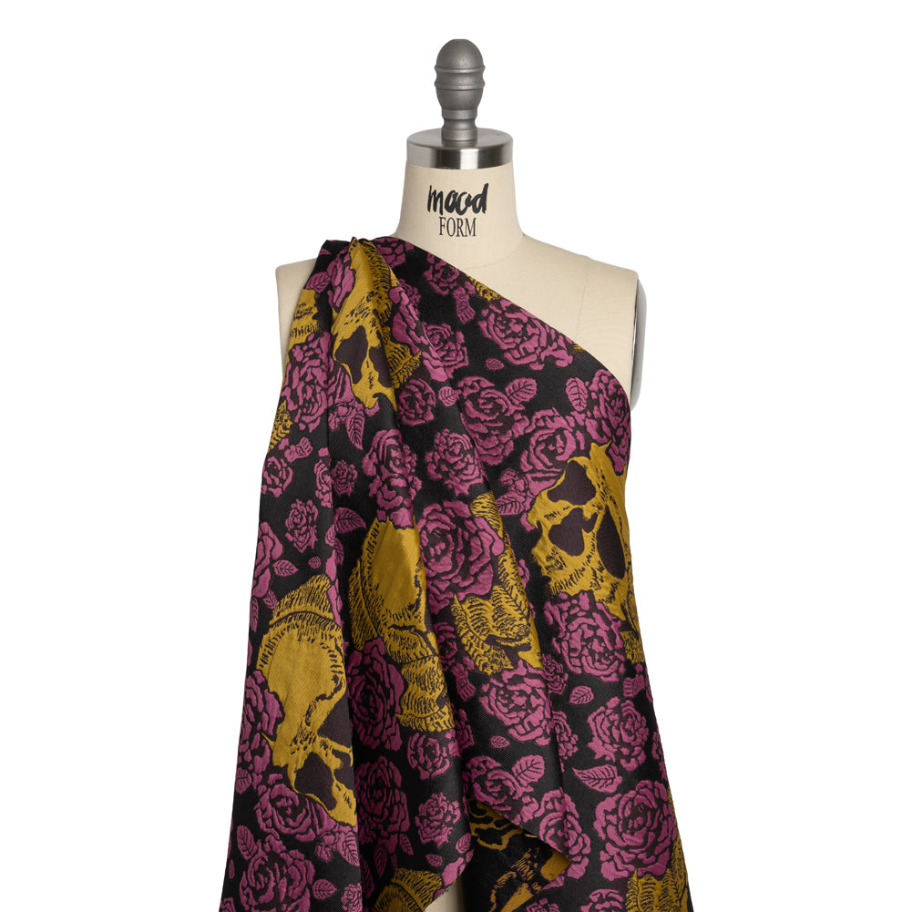 Floral and Skull Brocade - Black, Yellow and Plum Purple - Mood Exclusive - Joann Fabrics