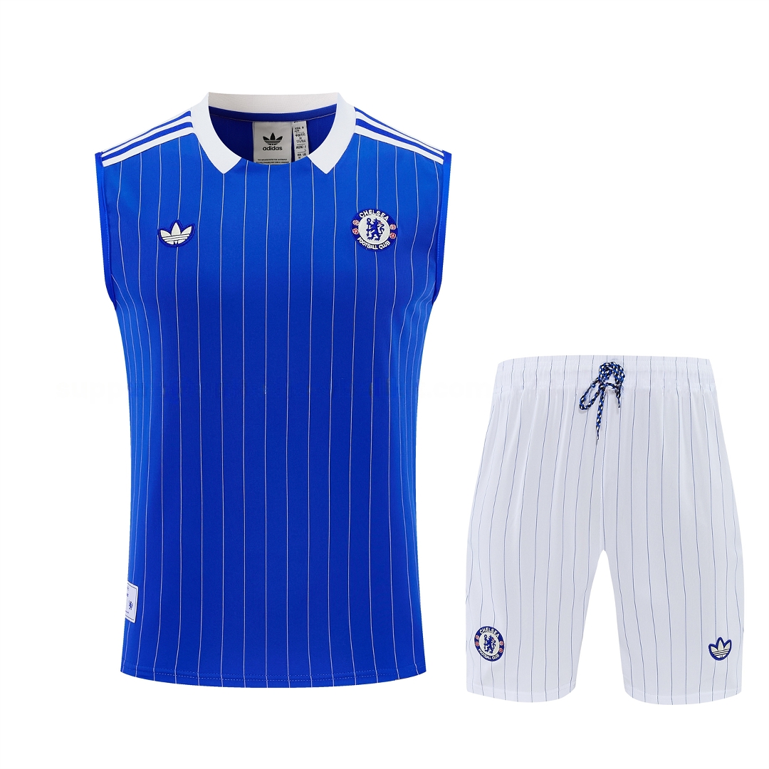C.H.E.L.S.E.A 25-26 Retro Style Vest Training Set - Blue Top & White With Blue Stripes Pants - UnitedFutballJersey
