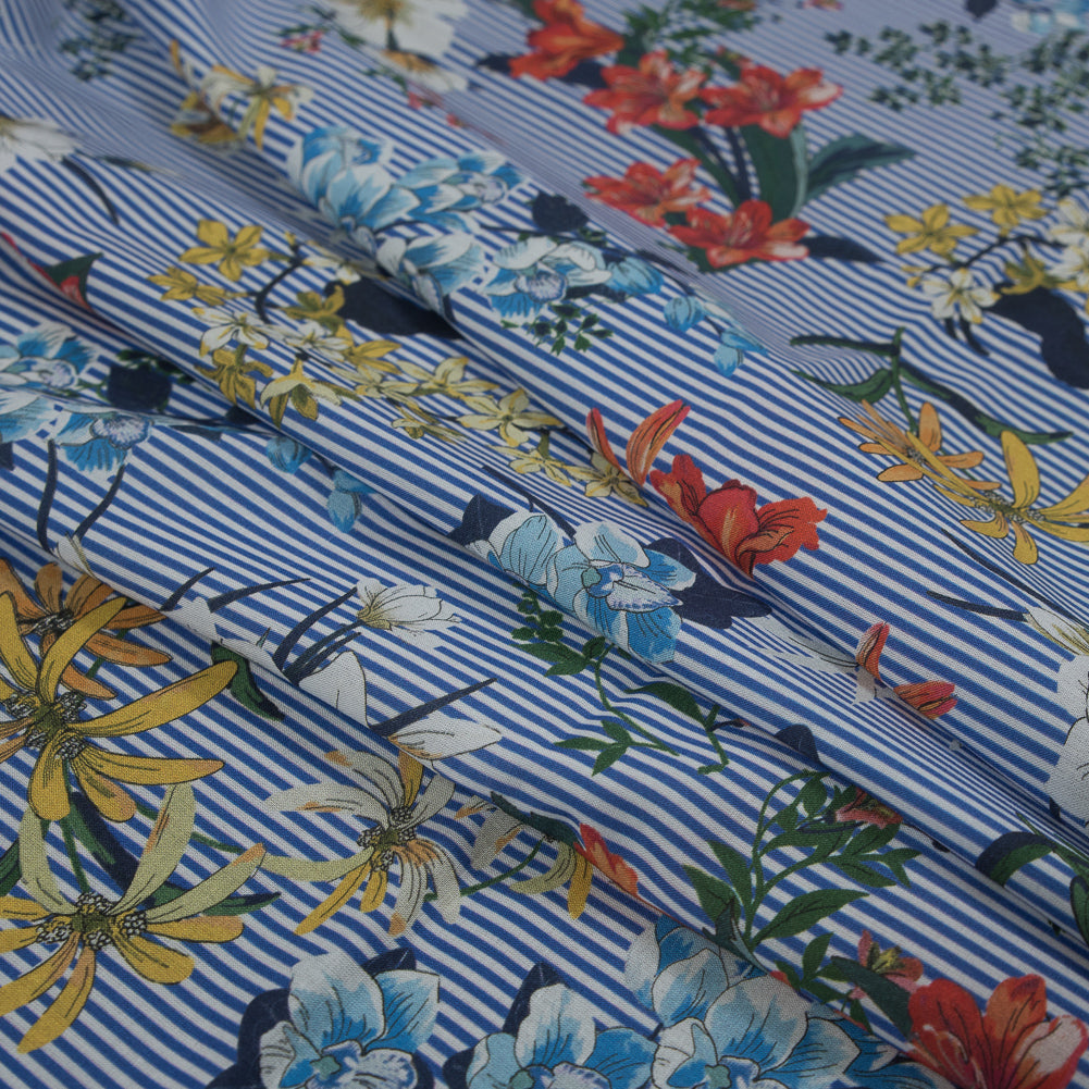 Cotton Voile - Florals on White and Blue Stripes - Ganesh's Epiphany Print - Mood Exclusive Surya Collection - Joann Fabrics