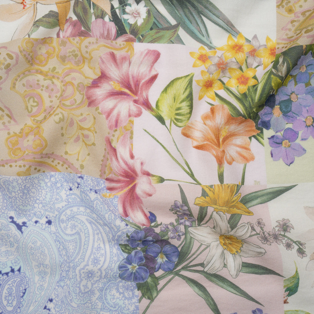 Cotton Crepe - Pink, Yellow and Blue Floral and Paisley Patchwork - Mood Exclusive Tropical Tapestry Print - Joann Fabrics