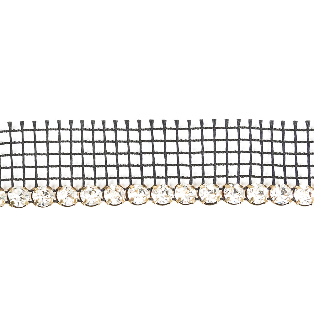 Vintage Crystal and Gold 1 Row Circular Rhinestones on Black Mesh Trimming - 0.75