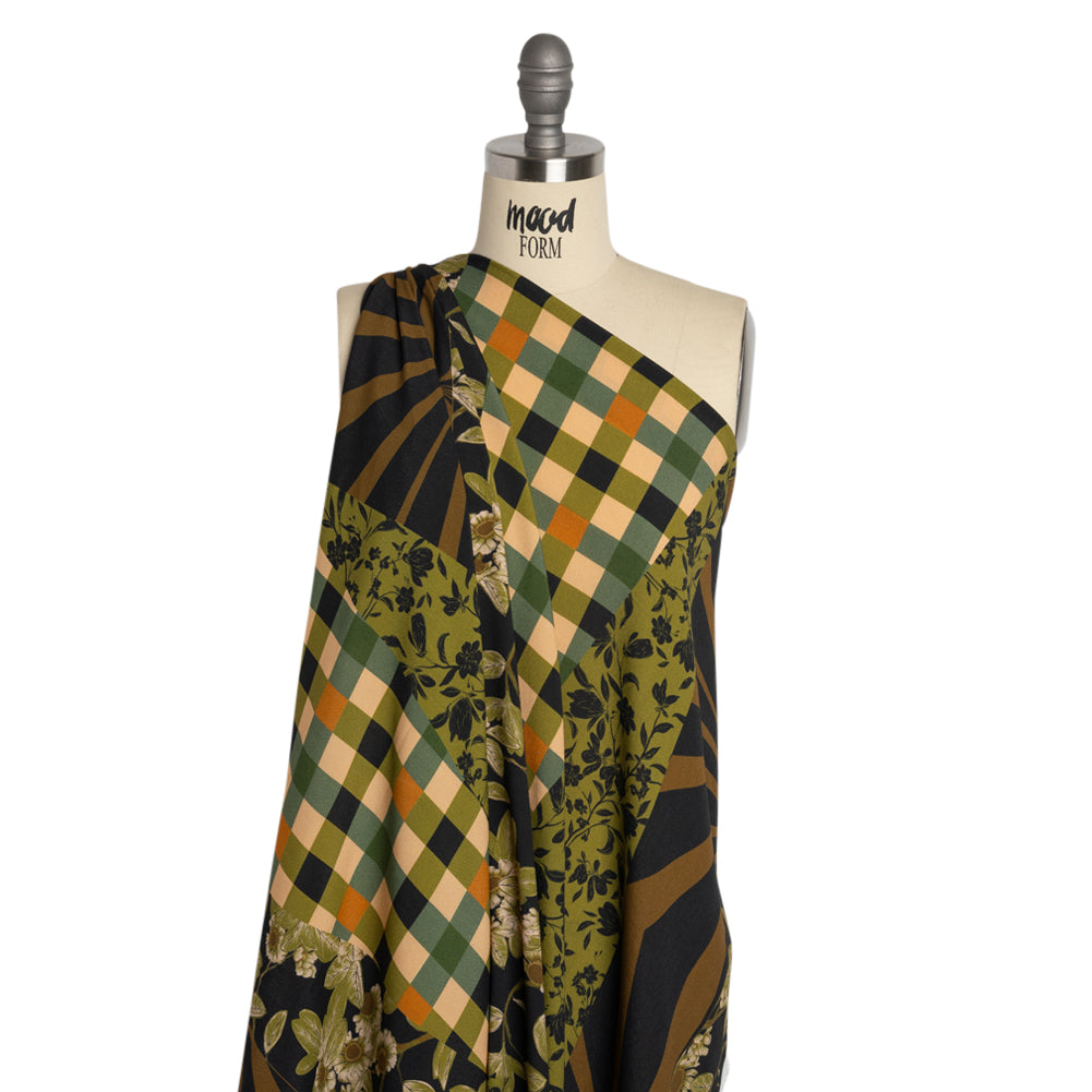 Sustainable Viscose Crepe Panel - Green and Brown Checks and Floral Patchwork - Mood Exclusive Earth's Gifts - Joann Fabrics