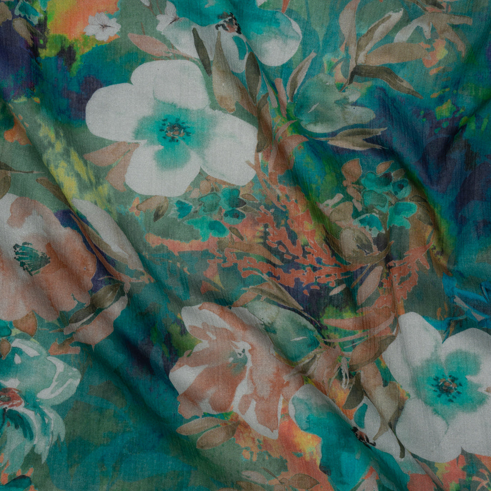 Crinkled Cotton Gauzy Woven - Teal, Tan and Blue Painterly Floral - Mood Exclusive Moonflower Mirage Print - Joann Fabrics