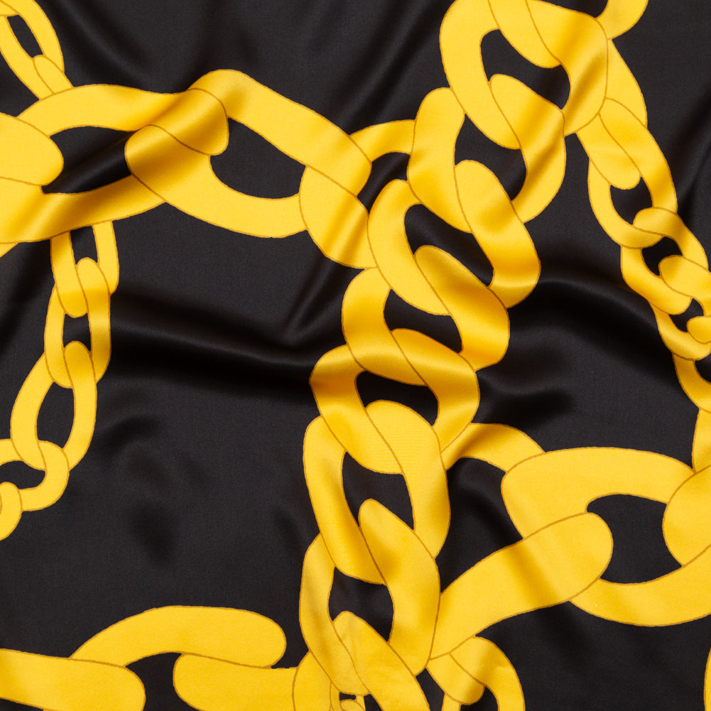 Mood Exclusive Italian Black and Gold Large Chains Digitally Printed Silk Charmeuse - Joann Fabrics