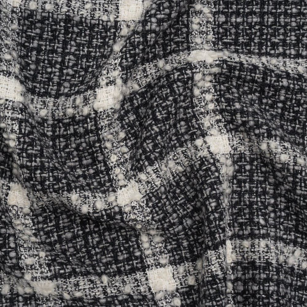 Metallic Wool Blend Tweedy Boucle Made in Italy - Black, Gray and Ivory Windowpane Checks - Deadstock - Joann Fabrics