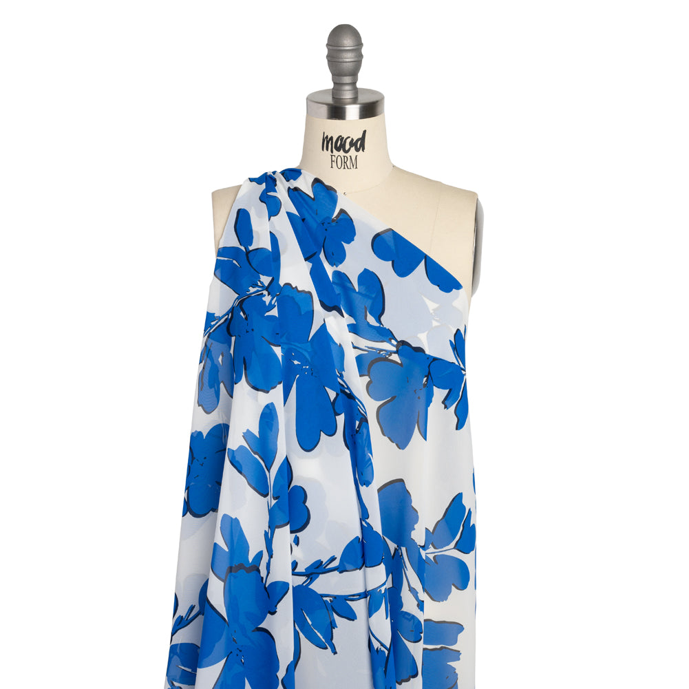 Polyester Chiffon - Bright Blue and Ivory Flowers and Leaves - Designer Deadstock - Joann Fabrics