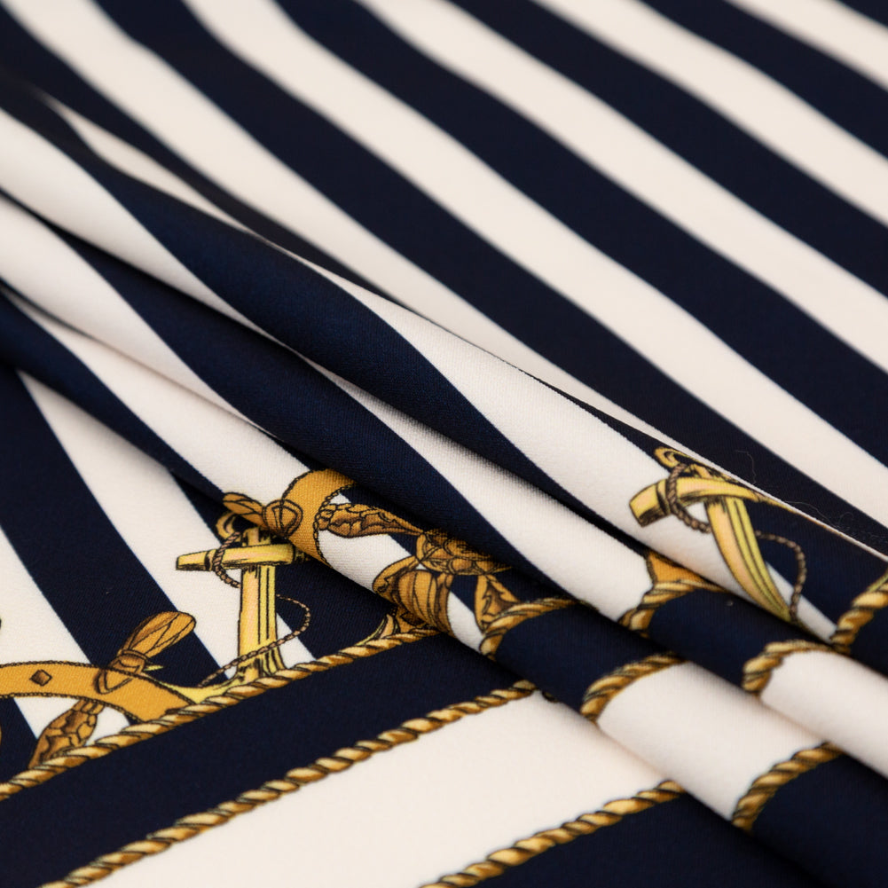 Stretch Polyester Crepe Panel - Ship Wheels and Stripes - Maritime Adornments Print - Mood Exclusive St. Tropez Collection - Joann Fabrics