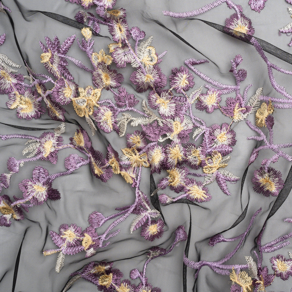 Embroidered Lace on Black Tulle - Lilac, Butter Yellow and White Floral - Designer Deadstock - Joann Fabrics