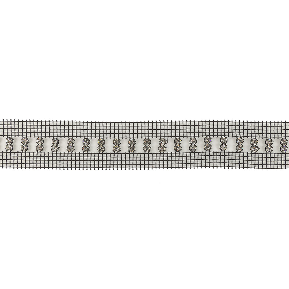 Vintage Vertical Crystal Rhinestones on Double Edge Black Mesh Trimming - 1.375