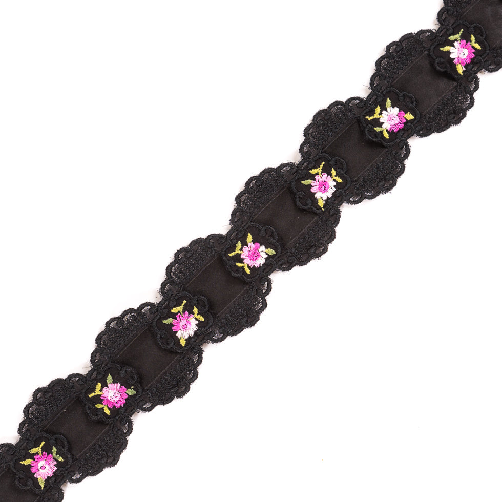 Black Raschel Lace Trimming with Satin Ribbon Detail - 2.25