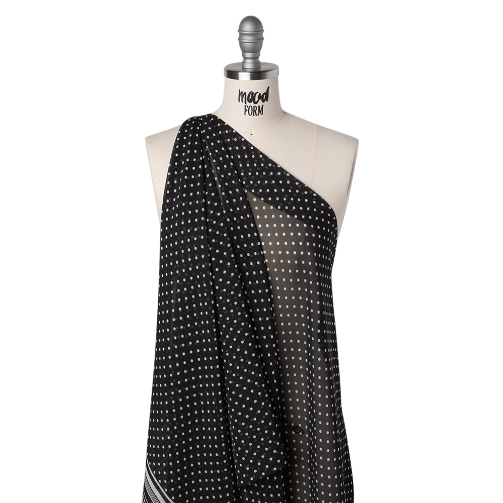 Polyester Chiffon Print - Black and White Polka Dots and Striped Border - Designer Deadstock - Joann Fabrics