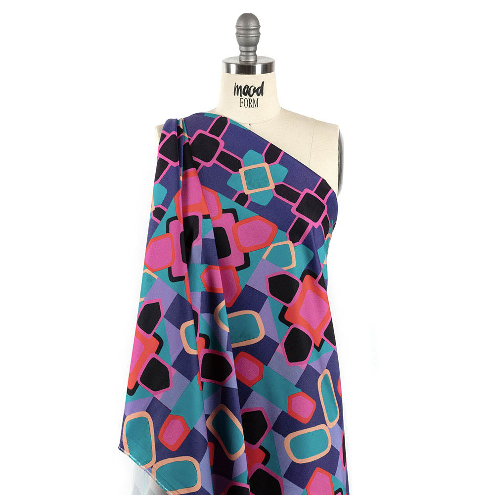 Stretch Cotton Sateen - Teal and Pink Geometric Tiles - Jukebox Jivin' Print - Mood Exclusive Yesterday Collection - Joann Fabrics