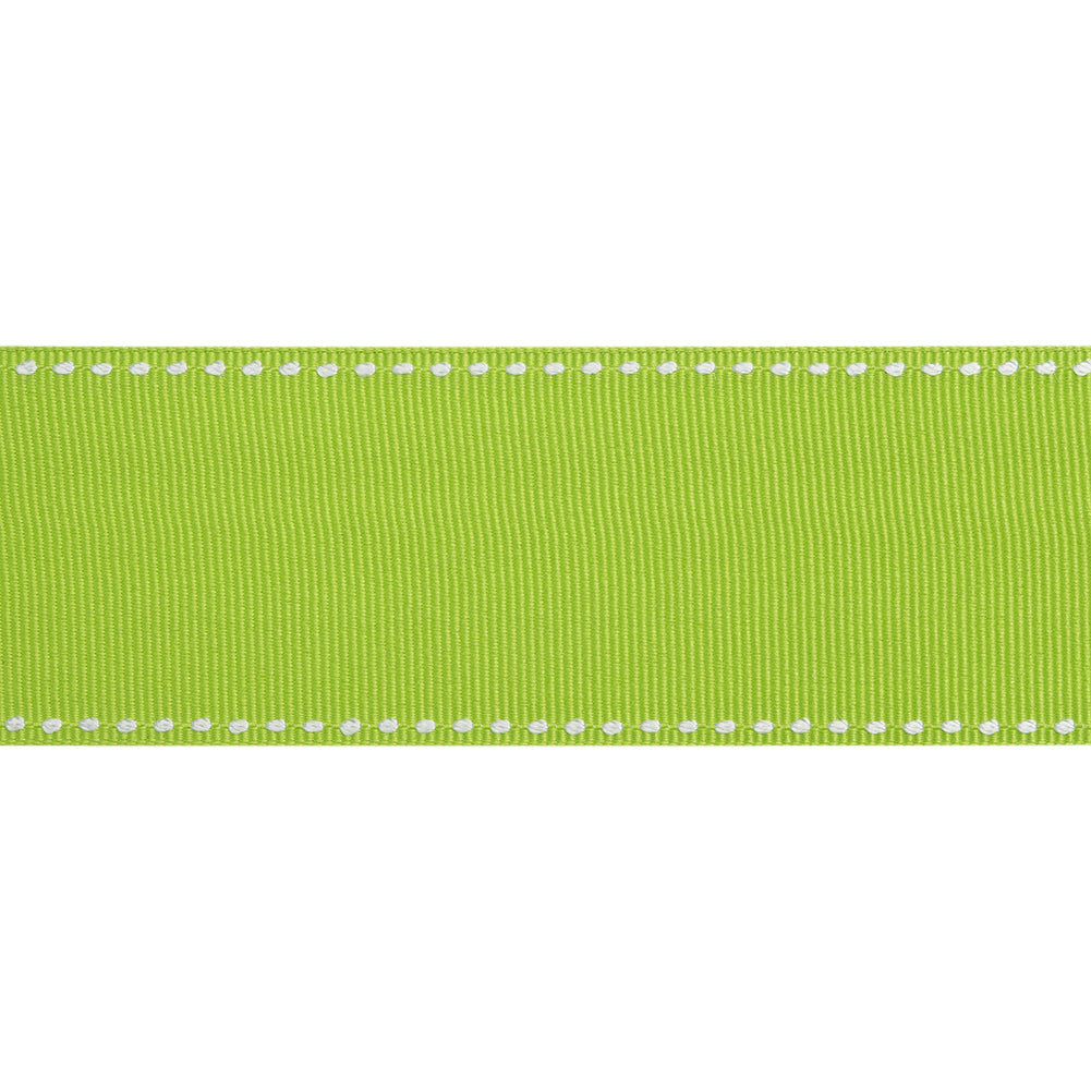 Grosgrain Ribbon with White Stitched Borders - Lime Green - 1.5