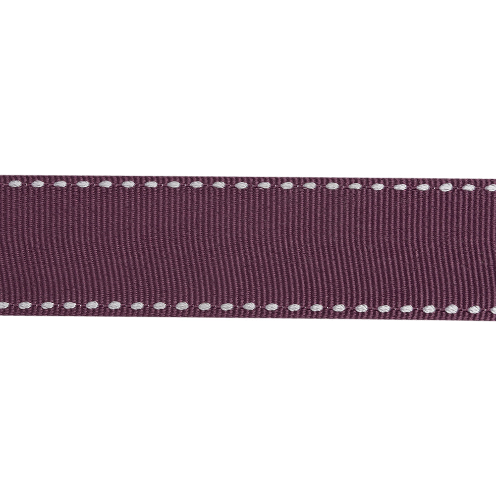 Grosgrain Ribbon with White Stitched Borders - Plum Purple - 1