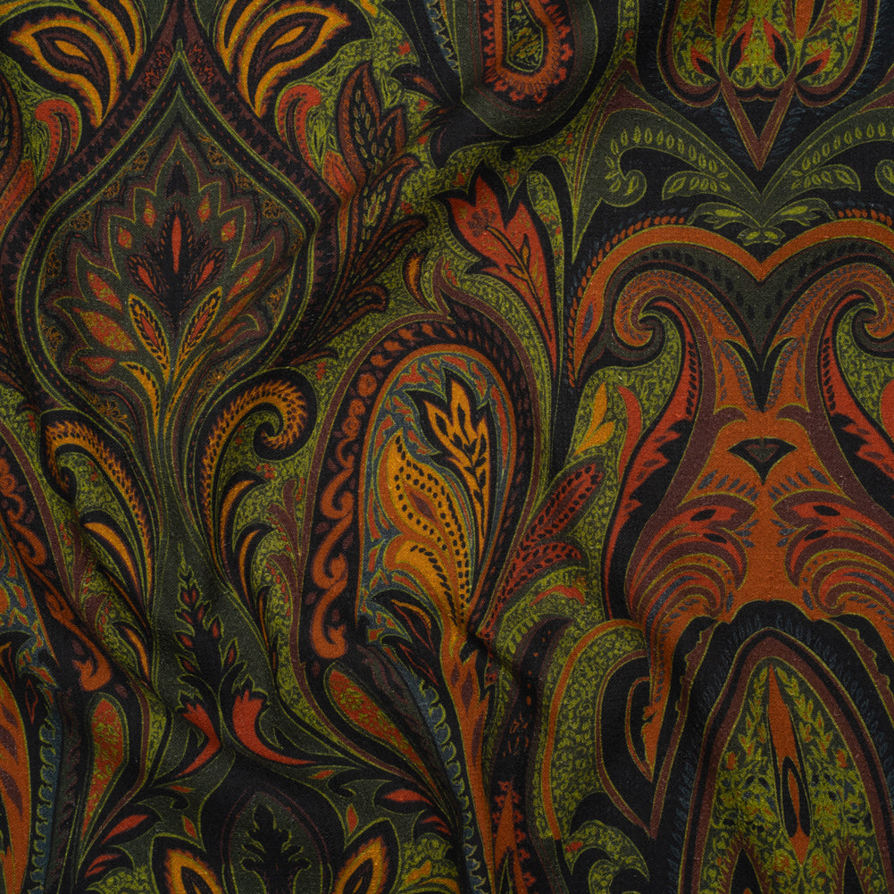 Slubbed Gauzy Cotton Woven - Forest Green, Burnt Orange and Yellow Ochre Paisley - Mood Exclusive Secret Garden Scrolls Print - Joann Fabrics