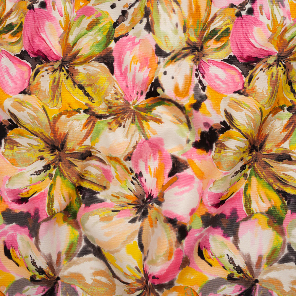 Peached Polyester Twill - Pink, Yellow and Black Watercolor Hibiscus - Mood Exclusive Hibiscus Haze Print - Joann Fabrics