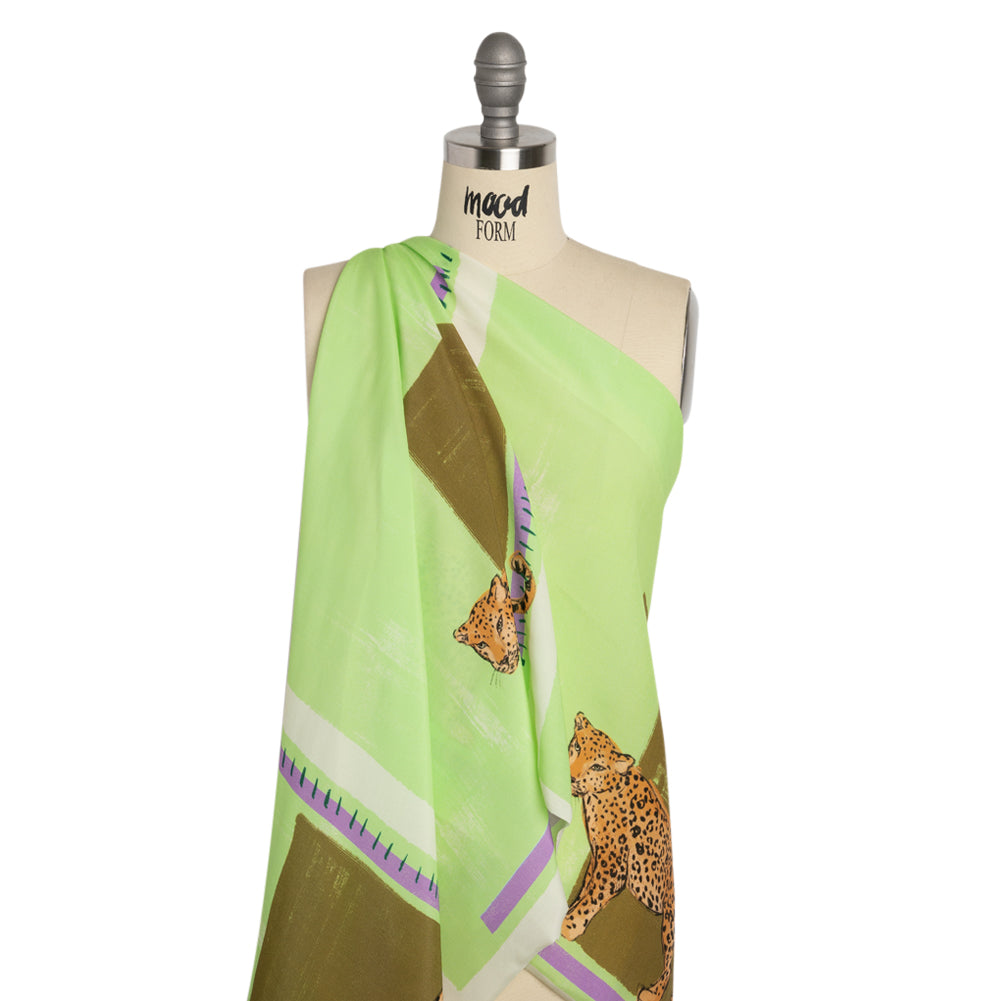 Sustainable Viscose Woven Panel - Lime and Brown Jaguar in Squares - Mood Exclusive Jaguar Gaze - Joann Fabrics