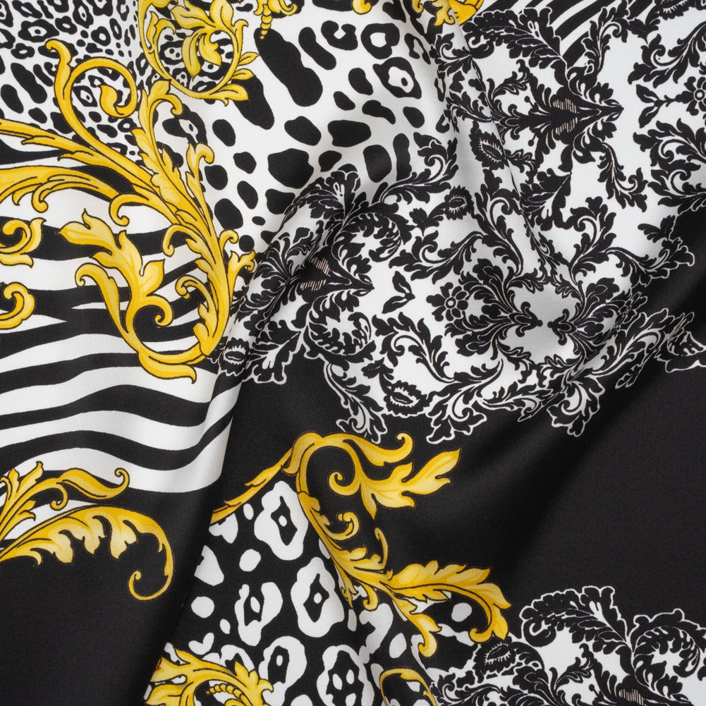 Silk Charmeuse Print 16MM, Made in Italy - Black, White and Yellow Gold Floral Scrolls and Patterned Patchwork with Greek Key Border - Joann Fabrics
