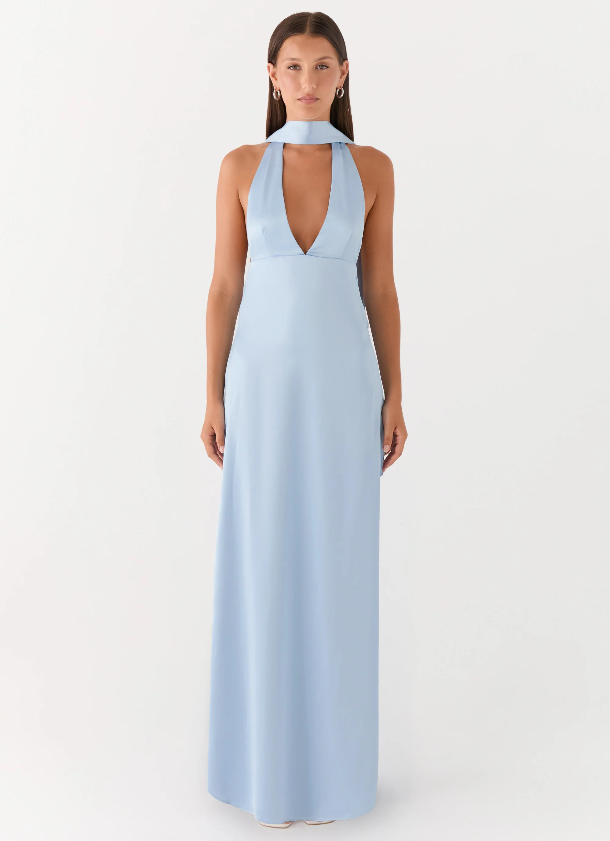 Alicia Satin Halter Maxi Dress - Baby Blue