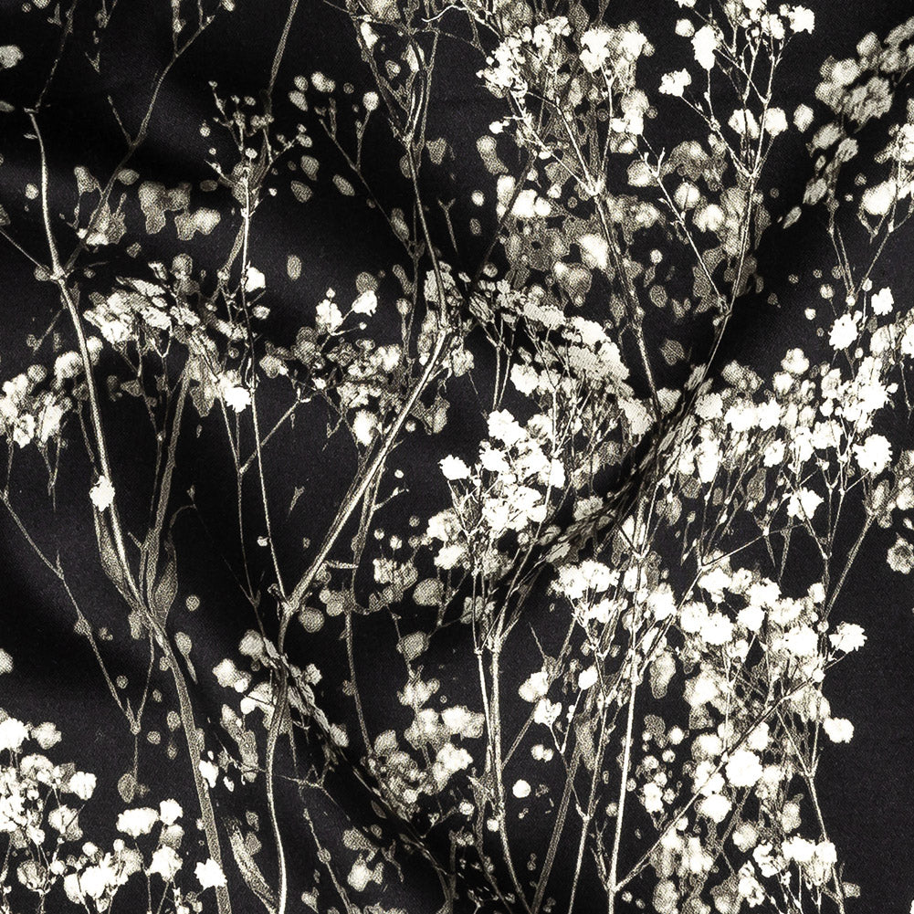 Stretch Cotton Sateen Panel - White and Black Flowering Branches - Ghost Light Growth Print - Mood Exclusive Twilight Collection - Joann Fabrics