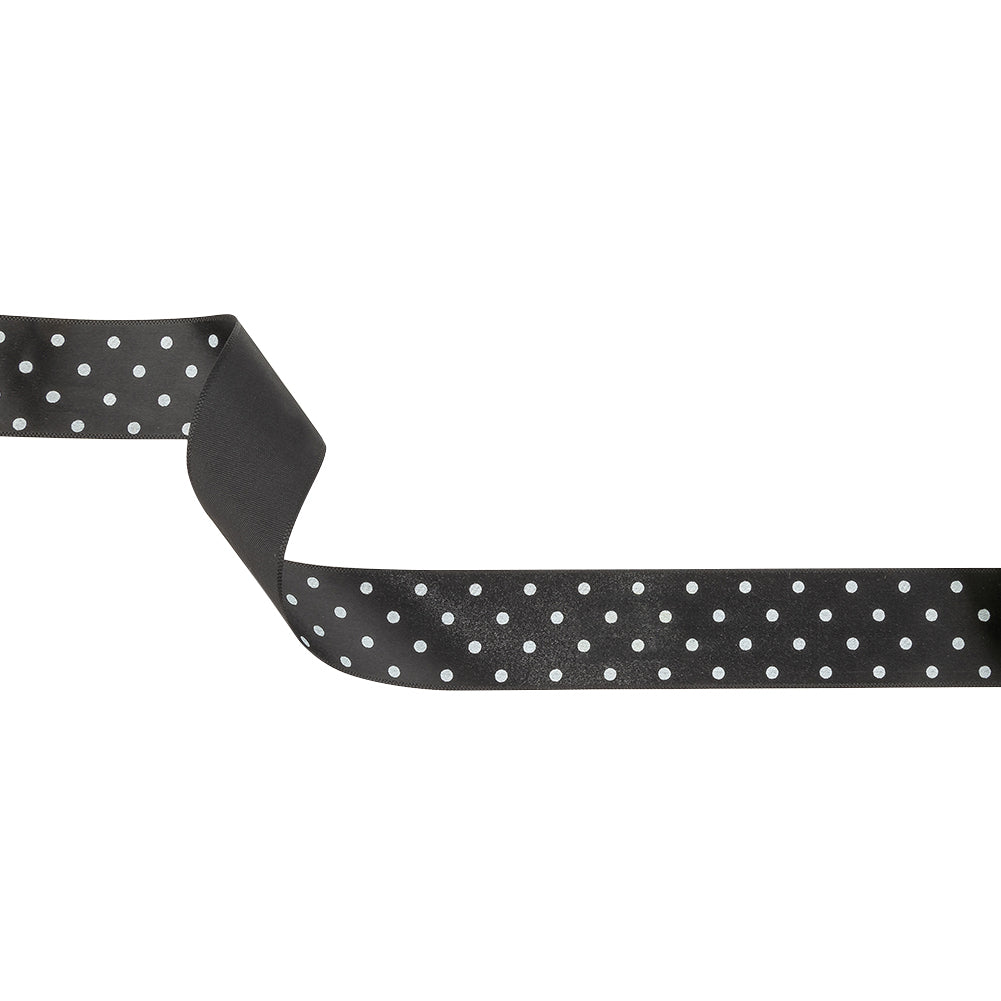 Black and Bright White Polka Dots Satin Ribbon - 1