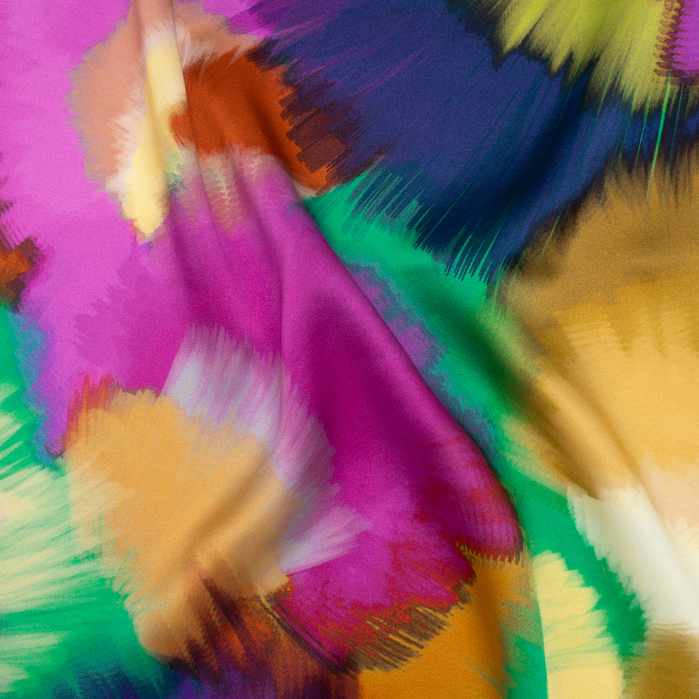 Silk Charmeuse Print 16MM, Made in Italy - Fuchsia, Ochre and Blue Painted Bursts - Joann Fabrics