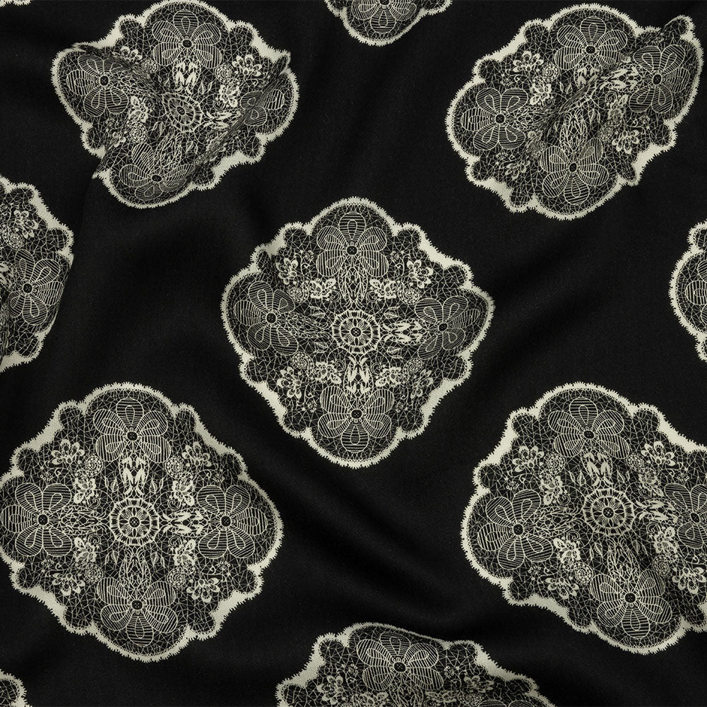 Rayon Challis - Black Lacy Medallions - Cathedral Windows Print - Mood Exclusive Metro Collection - Joann Fabrics