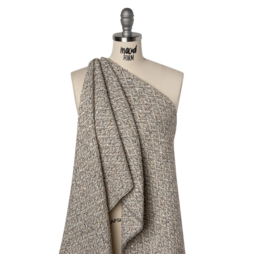 Metallic Polyester and Wool Tweed Twill with Baby Sequins - Off White, Gray and Gold Diamonds - Joann Fabrics