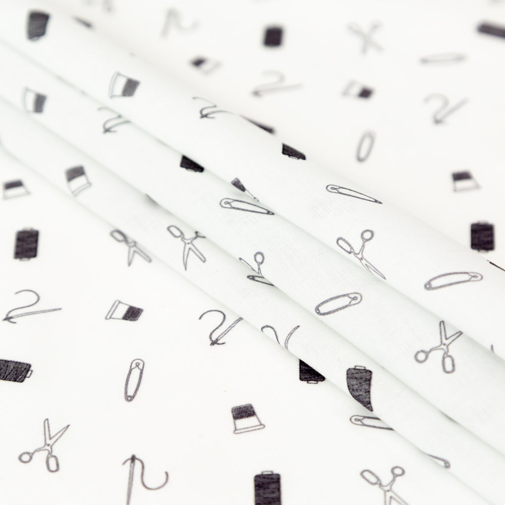 Egyptian Cotton Voile - White and Black Sewing Kit - Small Supplies Print - Mood Exclusive Haberdashery Collection - Joann Fabrics