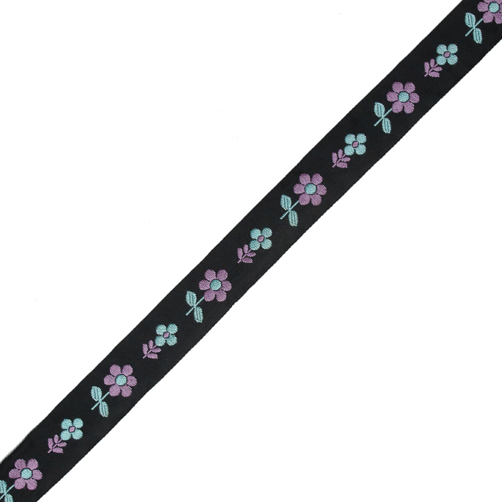 Black, Blue and Purple Floral Jacquard Ribbon - 0.875