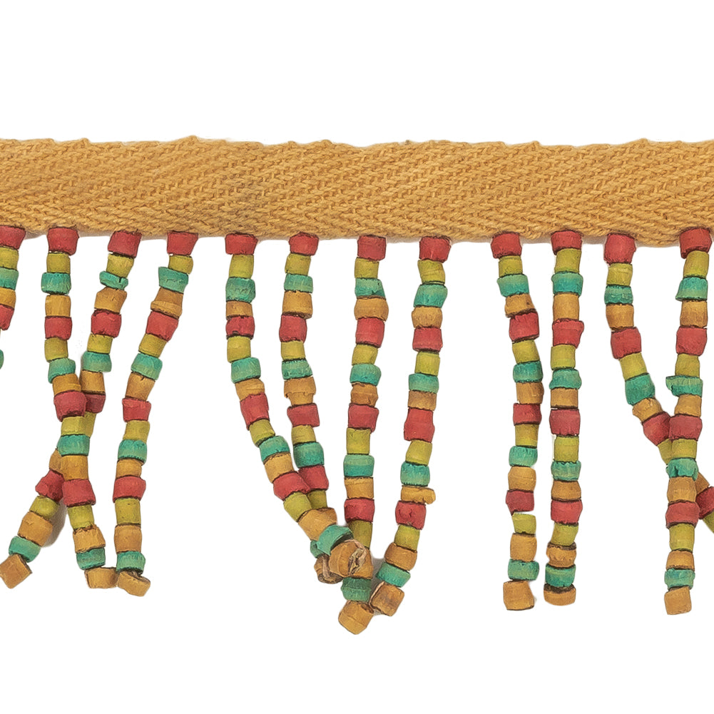 Vintage Tan and Multicolor Wood Beaded Fringe Trim - 2.25